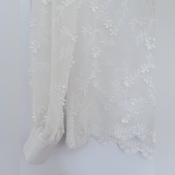 Gracia sheer white blouse with floral detail and bow at neck. Size small. - Picture 3 of 4